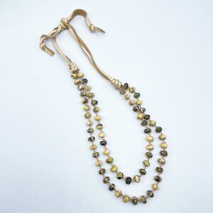 Vintage Handcrafted Beaded Necklace Yellow Green Ceramic Beads Leather Cord Adju
